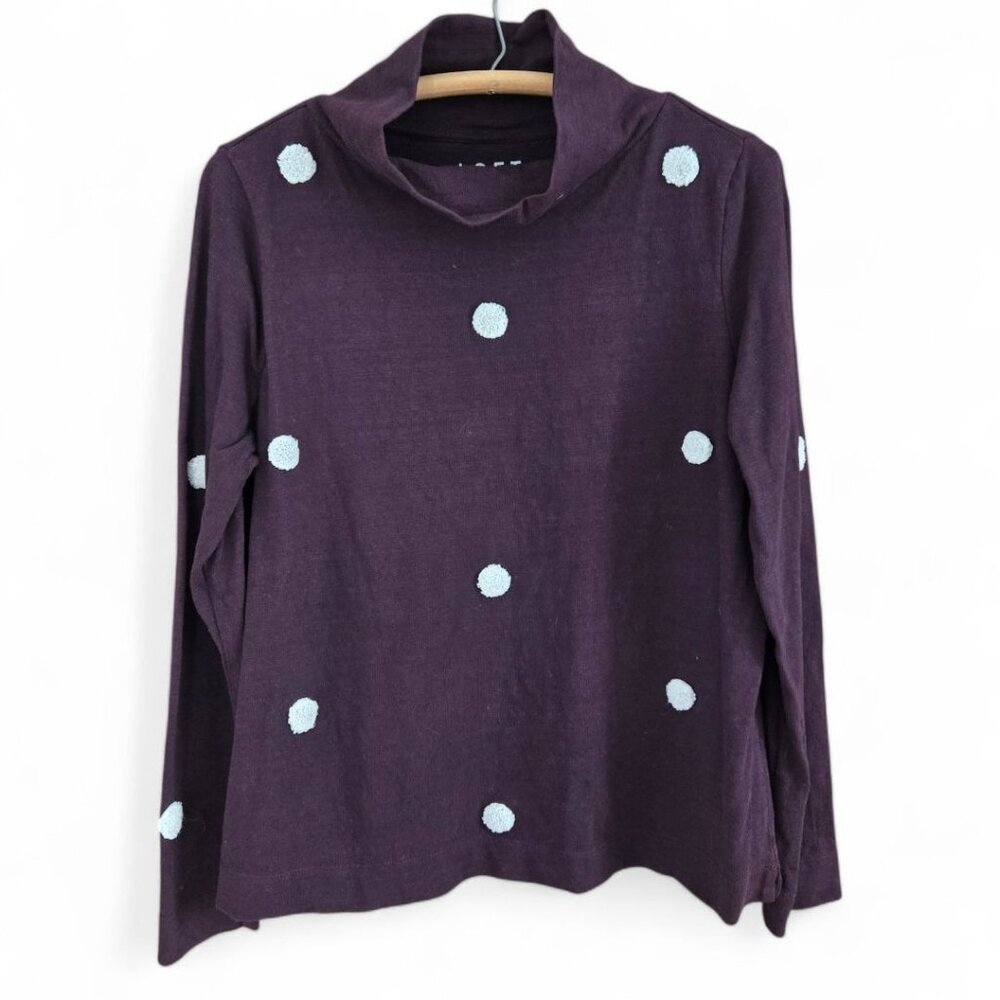Loft Purple Long-Sleeve Top With Polka Dot Accents & Cowl Neck - Size M